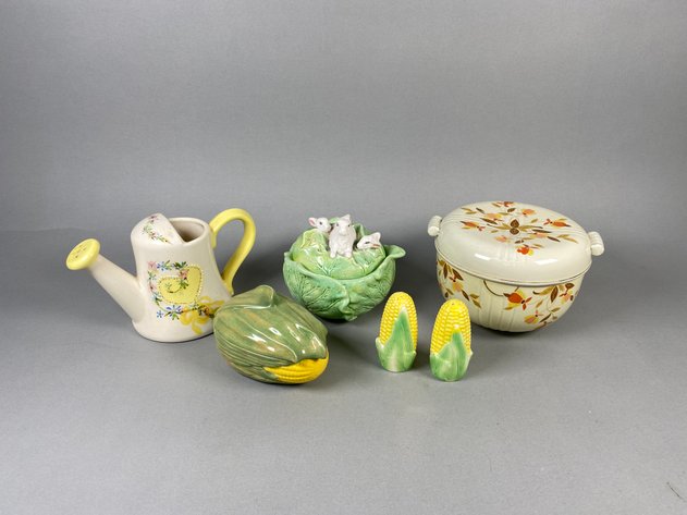 Image for Vintage Hall's Superior Autumn Leaf Covered Casserole, Cabbage Covered Dish, Decorative Watering Can, Corn Covered Dish & Corn Shakers