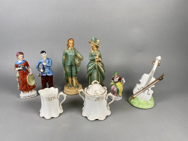Image for Collection of Vintage Occupied Japan Figurines, Enesco Music Box, Porcelain Creamer & Covered Sugar