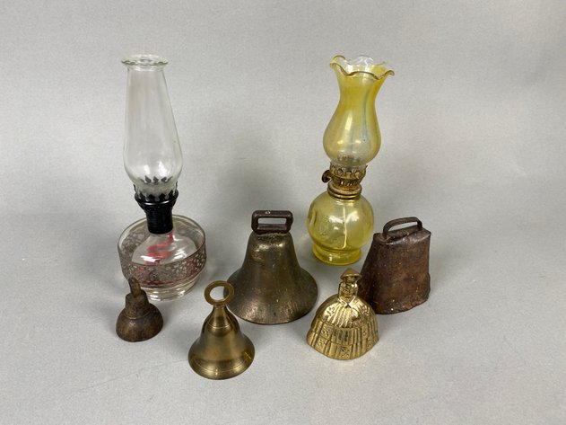 Image for Collection of Vintage Oil Lamps , Brass & Cast Iron Bells Including Cowbell & School Bell
