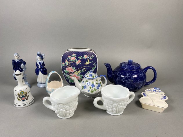 Image for Vintage Blue & White Décor Collection Including Cloisonné Vase, Cobalt Blue Teapot, Milk Glass Creamer & Sugar Set & More