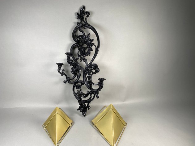 Image for Vintage Syroco Five-Light Wall Candle Sconce with Pair of Gold Metal Hanging Wall Planters