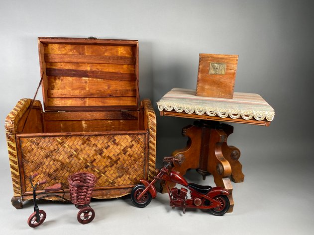 Image for Antique Victorian Piano Stool, Vintage Wicker Storage Chest, Wooden Motorcycle & More
