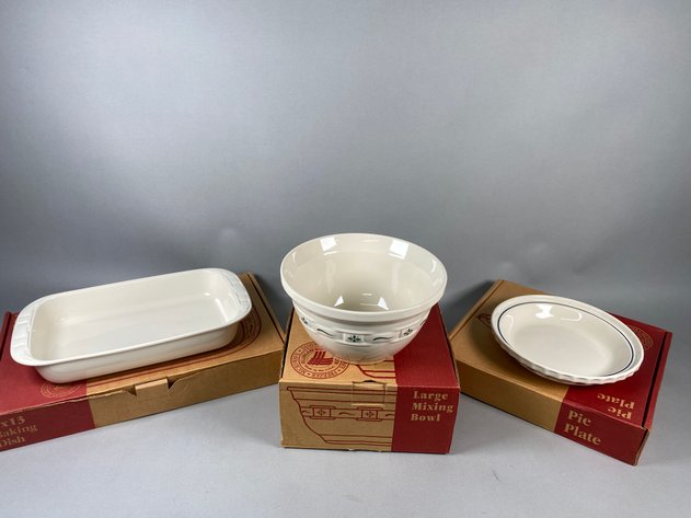 Image for Longaberger Woven Traditions Pottery Including Pie Plate, Baking Dish & Large Mixing Bowl in Original Boxes