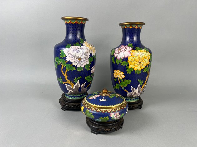 Image for Vintage Chinese Cloisonné Enamel Peony Vases & Covered Bowl with Wood Stands