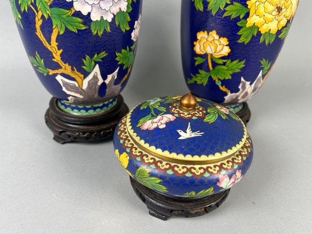 Image for Vintage Chinese Cloisonné Enamel Peony Vases & Covered Bowl with Wood Stands