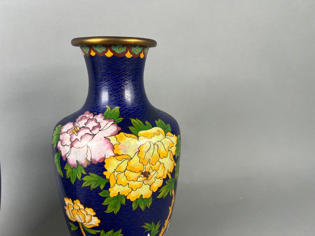 Image for Vintage Chinese Cloisonné Enamel Peony Vases & Covered Bowl with Wood Stands