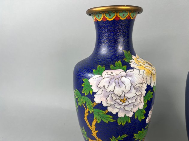Image for Vintage Chinese Cloisonné Enamel Peony Vases & Covered Bowl with Wood Stands