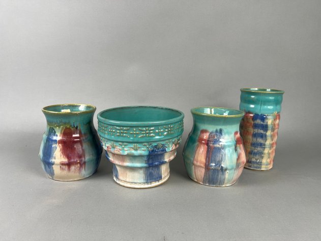 Image for Collection of Vintage Hull Pottery Early Art Stoneware Vases & Jardiniere with Turquoise Multicolor Glaze