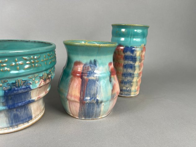 Image for Collection of Vintage Hull Pottery Early Art Stoneware Vases & Jardiniere with Turquoise Multicolor Glaze