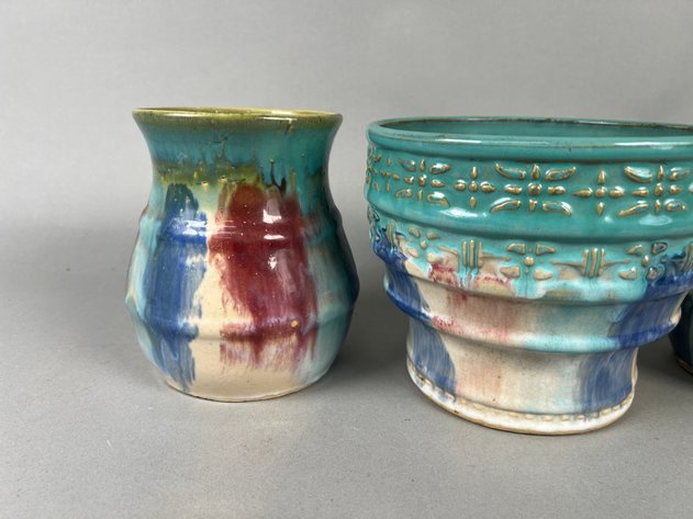 Image for Collection of Vintage Hull Pottery Early Art Stoneware Vases & Jardiniere with Turquoise Multicolor Glaze