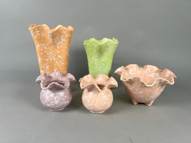 Image for Collection of Vintage Shawnee Pottery Splatter Glaze Vases, Planters & Compote
