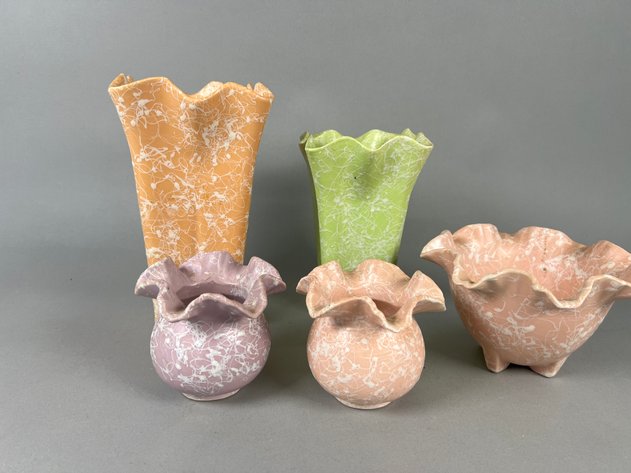 Image for Collection of Vintage Shawnee Pottery Splatter Glaze Vases, Planters & Compote