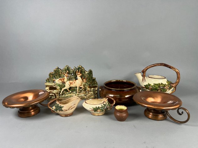 Image for Collection Vintage McCoy Pottery Including Triple Fawn Planter, Ivy Teapot & More with Gregorian Copper Candleholders and Other Pottery