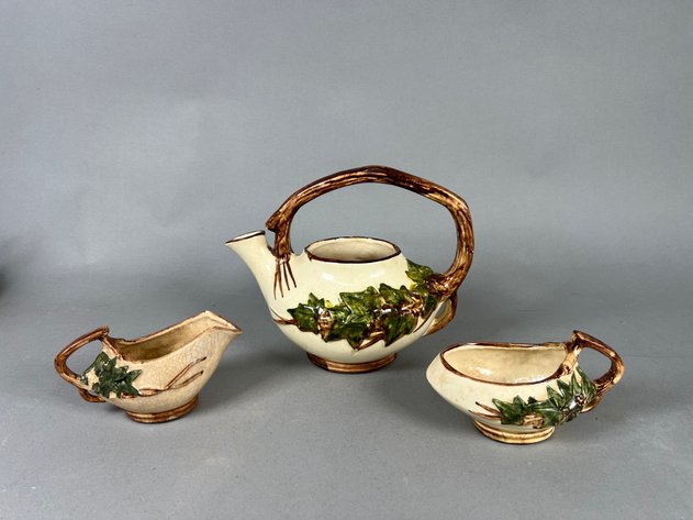 Image for Collection Vintage McCoy Pottery Including Triple Fawn Planter, Ivy Teapot & More with Gregorian Copper Candleholders and Other Pottery
