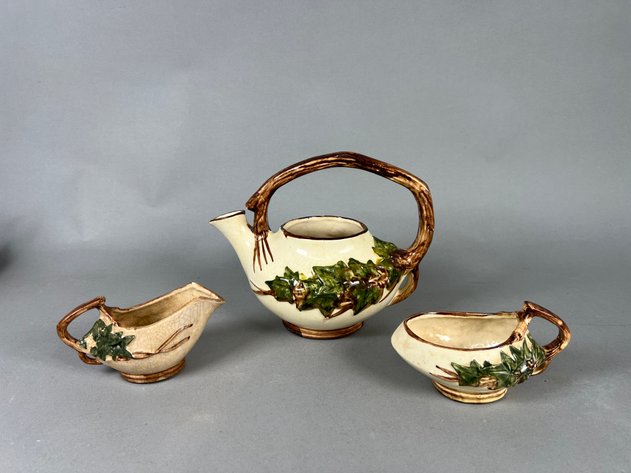 Image for Collection Vintage McCoy Pottery Including Triple Fawn Planter, Ivy Teapot & More with Gregorian Copper Candleholders and Other Pottery