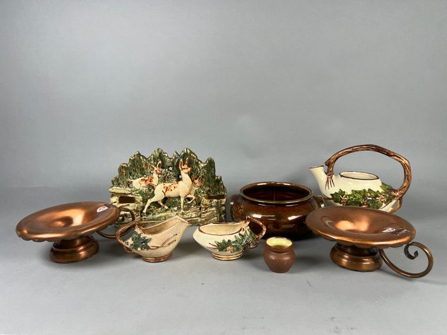 Image for Collection Vintage McCoy Pottery Including Triple Fawn Planter, Ivy Teapot & More with Gregorian Copper Candleholders and Other Pottery