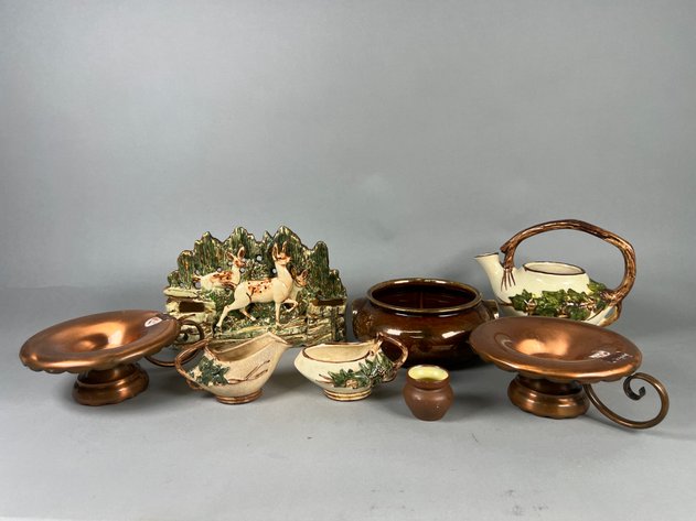 Image for Collection Vintage McCoy Pottery Including Triple Fawn Planter, Ivy Teapot & More with Gregorian Copper Candleholders and Other Pottery