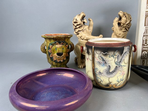 Image for Collection of Vintage Mid-Century & Asian-Inspired Pottery Including Lion Figures, Dragon Planter, Decorative Vases & Bowls