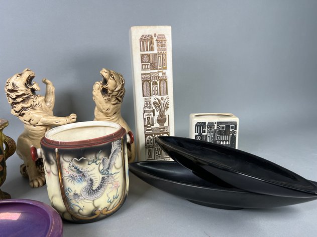 Image for Collection of Vintage Mid-Century & Asian-Inspired Pottery Including Lion Figures, Dragon Planter, Decorative Vases & Bowls