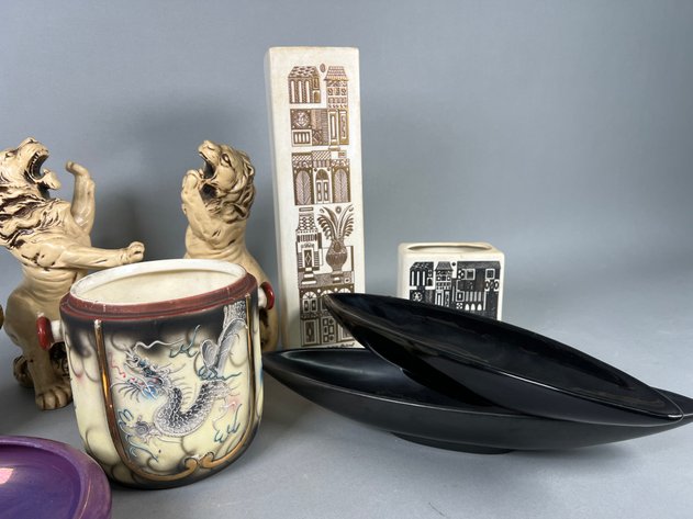 Image for Collection of Vintage Mid-Century & Asian-Inspired Pottery Including Lion Figures, Dragon Planter, Decorative Vases & Bowls