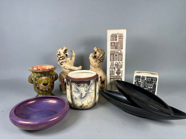 Image for Collection of Vintage Mid-Century & Asian-Inspired Pottery Including Lion Figures, Dragon Planter, Decorative Vases & Bowls