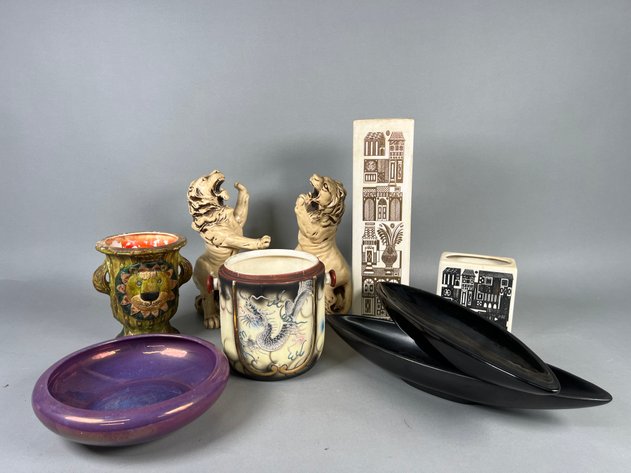 Image for Collection of Vintage Mid-Century & Asian-Inspired Pottery Including Lion Figures, Dragon Planter, Decorative Vases & Bowls