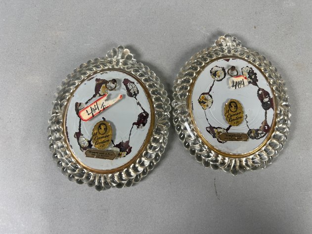Image for Collection of Vintage Cameo Portrait Plaques & Framed Romantic Scenes with Floral Porcelain Vase