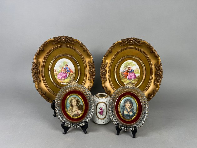 Image for Collection of Vintage Cameo Portrait Plaques & Framed Romantic Scenes with Floral Porcelain Vase