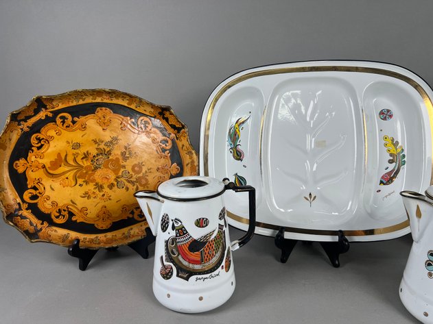 Image for Collection of Vintage Georges Briard Enamelware Including Coffee Pots & Divided Serving Tray with Decorative Trays
