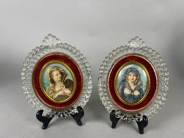 Image for Collection of Vintage Cameo Portrait Plaques & Framed Romantic Scenes with Floral Porcelain Vase