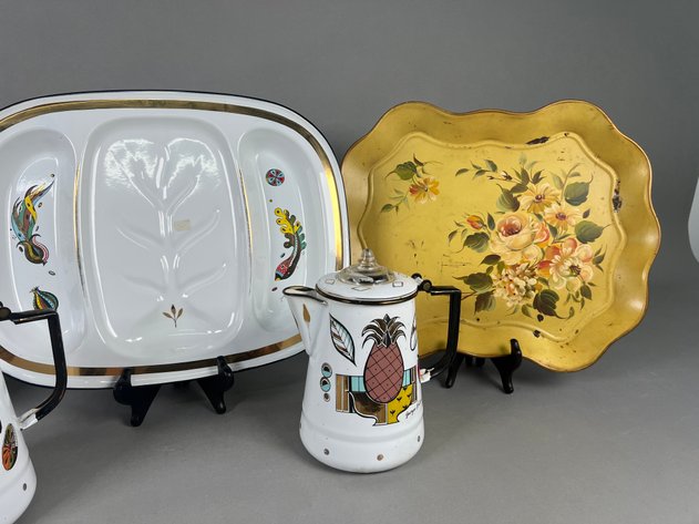 Image for Collection of Vintage Georges Briard Enamelware Including Coffee Pots & Divided Serving Tray with Decorative Trays