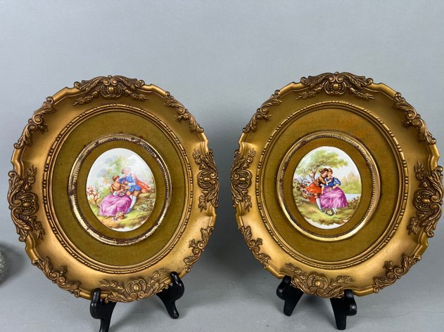 Image for Collection of Vintage Cameo Portrait Plaques & Framed Romantic Scenes with Floral Porcelain Vase