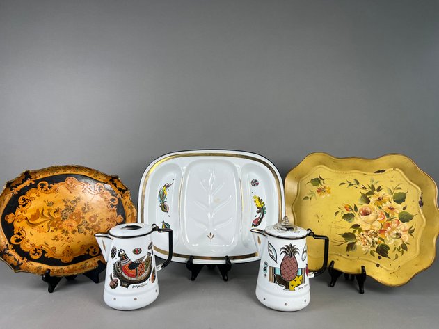 Image for Collection of Vintage Georges Briard Enamelware Including Coffee Pots & Divided Serving Tray with Decorative Trays