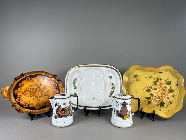 Image for Collection of Vintage Georges Briard Enamelware Including Coffee Pots & Divided Serving Tray with Decorative Trays