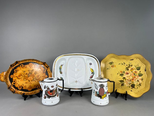 Image for Collection of Vintage Georges Briard Enamelware Including Coffee Pots & Divided Serving Tray with Decorative Trays