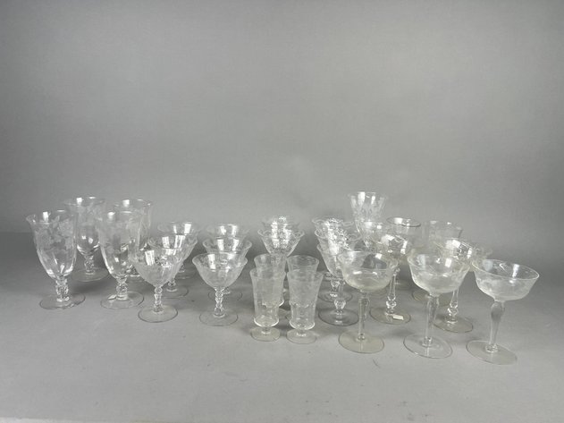 Image for Collection of Vintage Etched Glass Stemware Including Heisey Rose, Fostoria Chintz & More