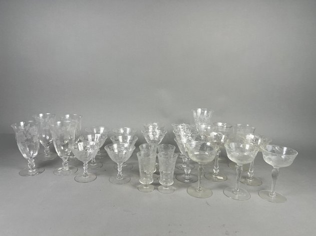 Image for Collection of Vintage Etched Glass Stemware Including Heisey Rose, Fostoria Chintz & More