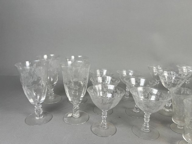 Image for Collection of Vintage Etched Glass Stemware Including Heisey Rose, Fostoria Chintz & More