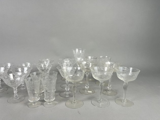 Image for Collection of Vintage Etched Glass Stemware Including Heisey Rose, Fostoria Chintz & More