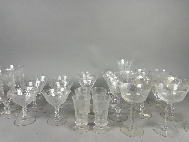 Image for Collection of Vintage Etched Glass Stemware Including Heisey Rose, Fostoria Chintz & More
