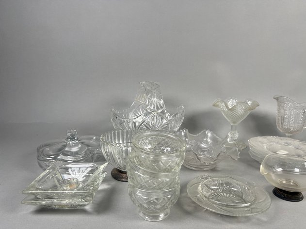 Image for Collection of Vintage Clear Pressed & Cut Glass Including Serving Dishes, Plates, Novelty Pistol Bottle & More