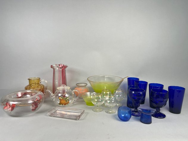 Image for Collection of Vintage Colored Glassware Including Blendo Green Ombre Punch Bowl, Cobalt Blue Tumblers, Art Glass & More