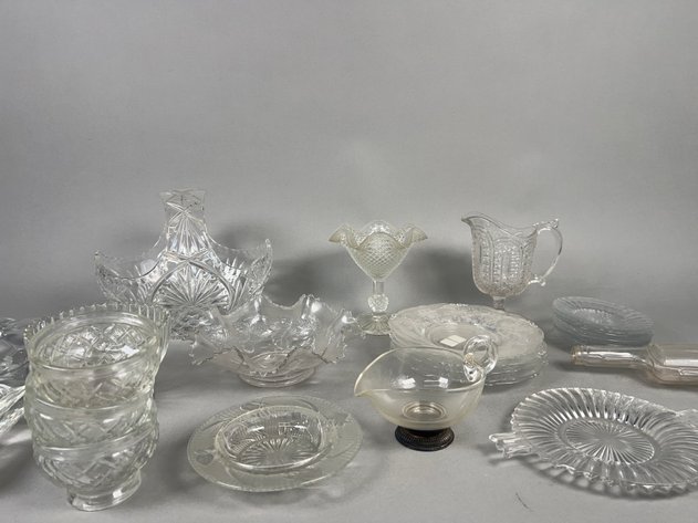 Image for Collection of Vintage Clear Pressed & Cut Glass Including Serving Dishes, Plates, Novelty Pistol Bottle & More