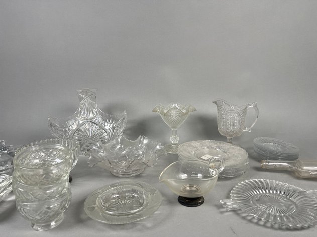 Image for Collection of Vintage Clear Pressed & Cut Glass Including Serving Dishes, Plates, Novelty Pistol Bottle & More