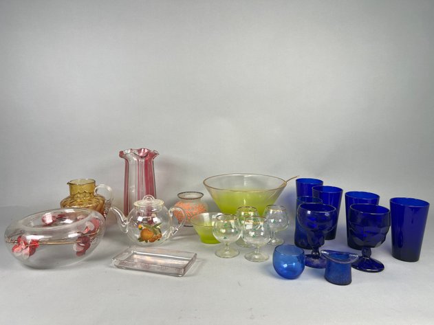 Image for Collection of Vintage Colored Glassware Including Blendo Green Ombre Punch Bowl, Cobalt Blue Tumblers, Art Glass & More