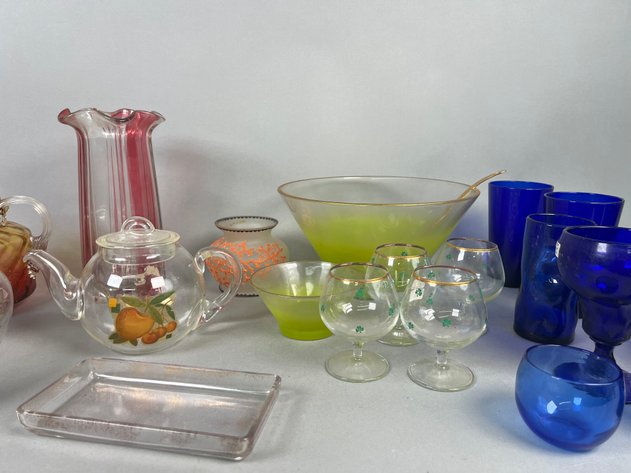 Image for Collection of Vintage Colored Glassware Including Blendo Green Ombre Punch Bowl, Cobalt Blue Tumblers, Art Glass & More