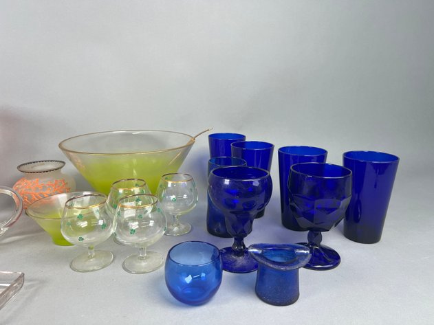 Image for Collection of Vintage Colored Glassware Including Blendo Green Ombre Punch Bowl, Cobalt Blue Tumblers, Art Glass & More