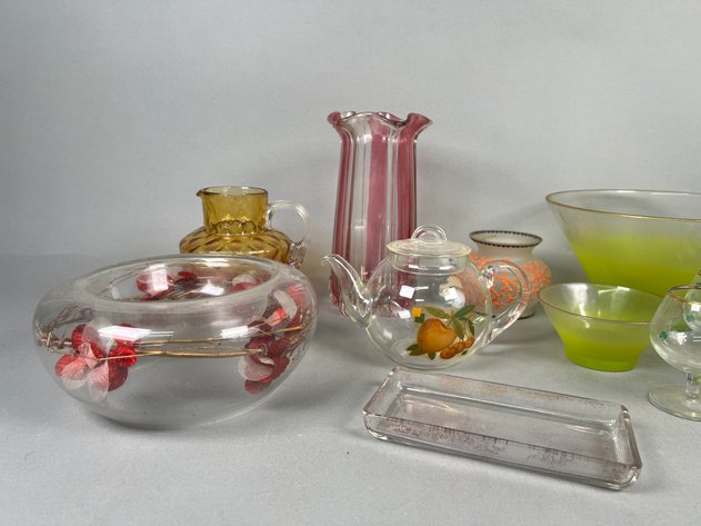Image for Collection of Vintage Colored Glassware Including Blendo Green Ombre Punch Bowl, Cobalt Blue Tumblers, Art Glass & More