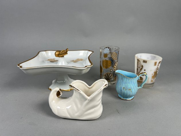 Image for Collection of Mid-Century Barware & Decorative Ceramics Including Georges Briard Gold Motif Glassware, Pedestal Tray & More