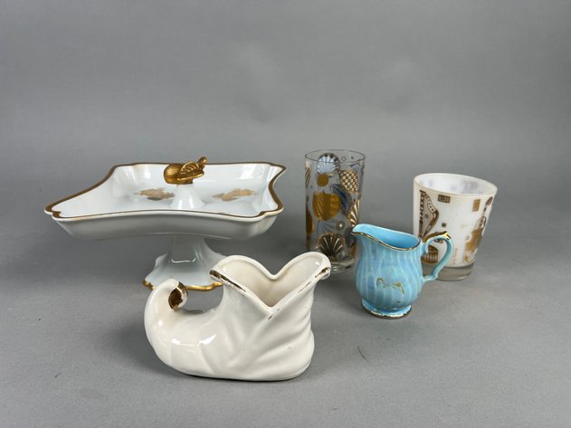 Image for Collection of Mid-Century Barware & Decorative Ceramics Including Georges Briard Gold Motif Glassware, Pedestal Tray & More